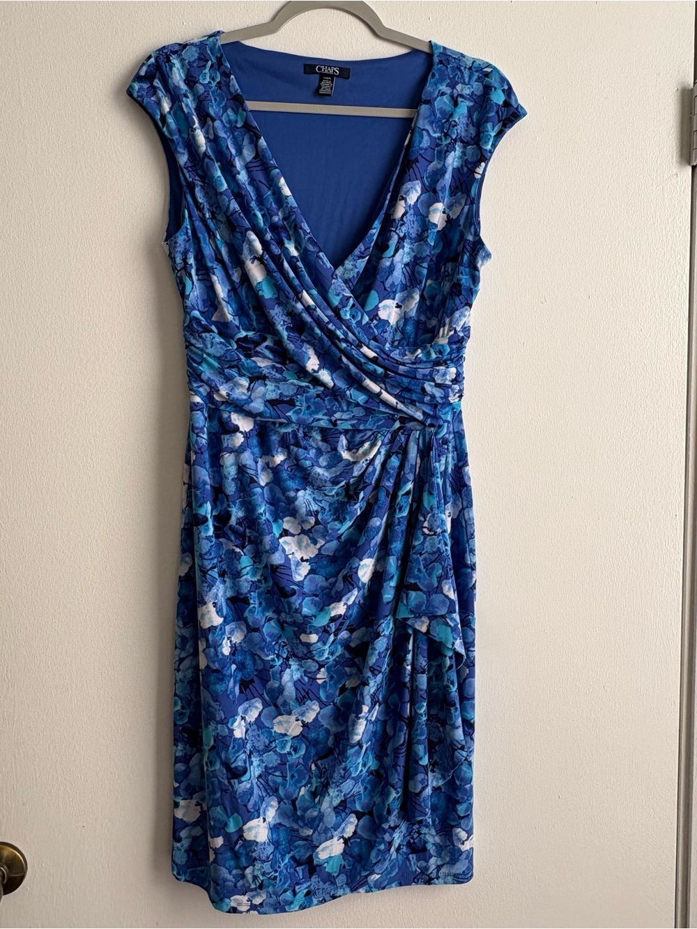 Chaps Blue Floral Wrap-Front Sheath Dress Large